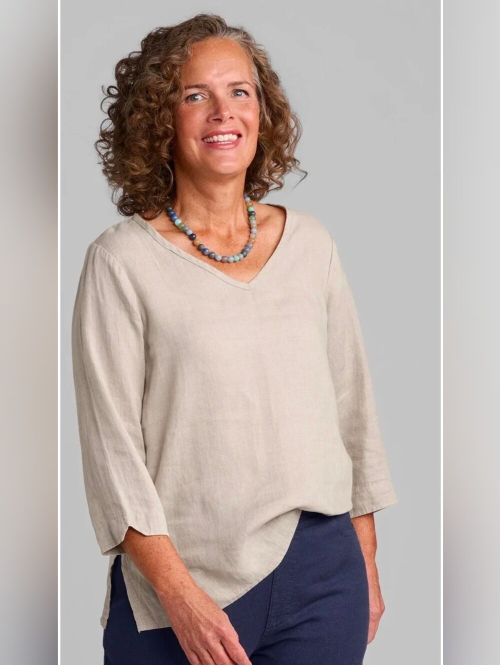 Flax Brand 100% Linen Top V- Neck 3/4 Sleeve Side Slits Natural Handkerchief  2G